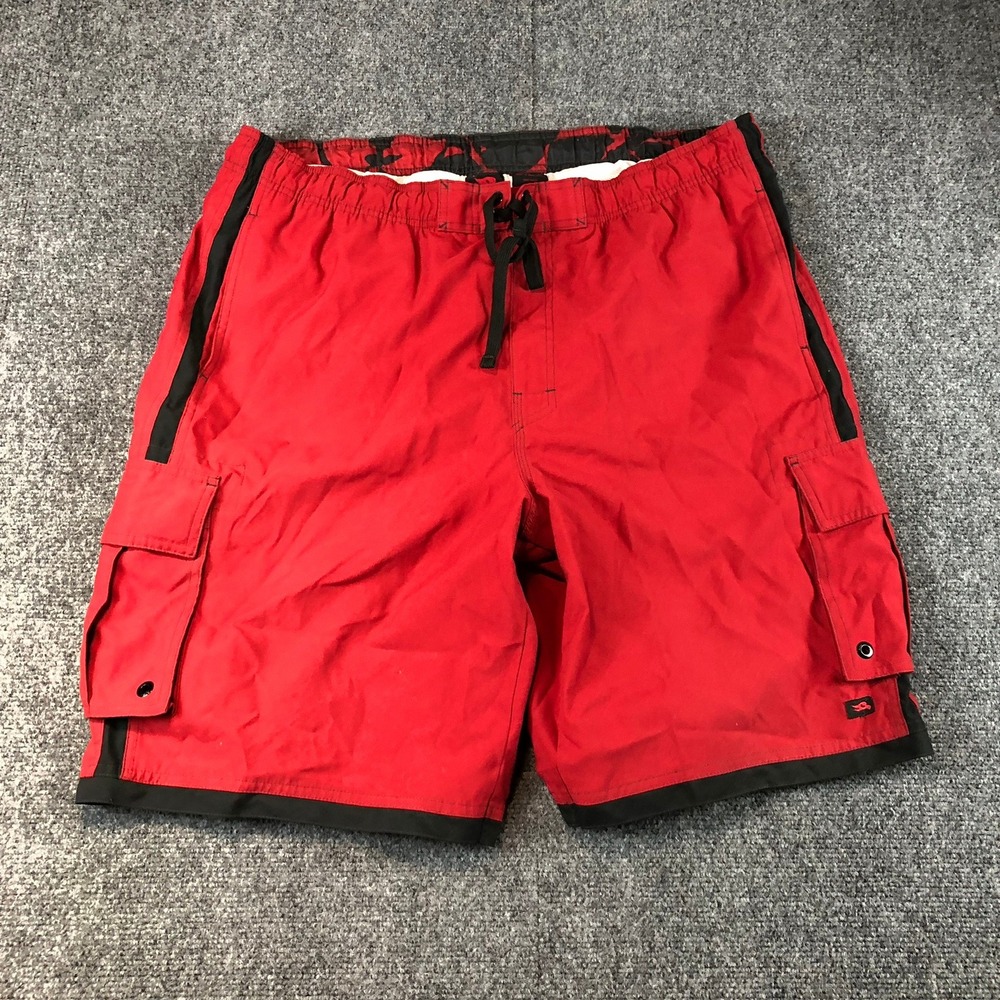 Hawk XL Mens Swim Trunks Red Black Cargo Pockets Drawstring